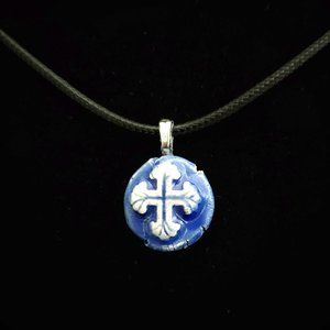 Handmade Ceramic Blue Fleur De Lis Cross Pendant Necklace